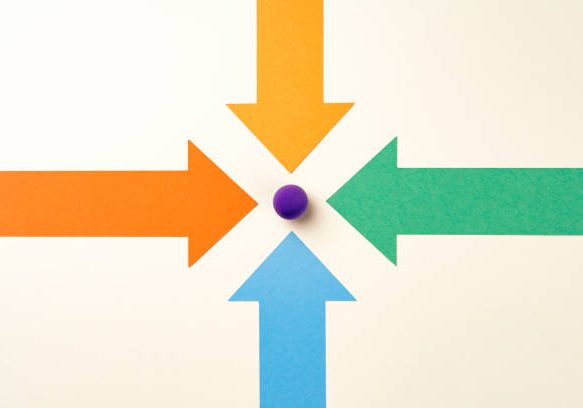 4 points Four Multicolored Arrows Point to a Purple Sphere Point in Focus Against Beige Background Directly above View.