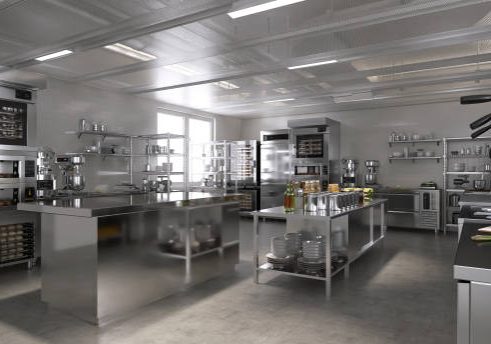 Kitchen Commercial, professional bakery kitchen and stainless steel convection, bread bun baking in deck oven, kneading machine, pasta dough on table, cabinet and ingredient for baking business background 3D