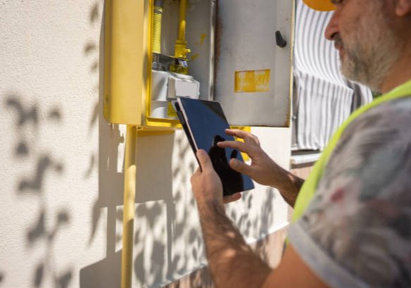 Close up technician repairing Gas Furnace using digital tablet Close up technician repairing Gas Furnace using digital tablet
