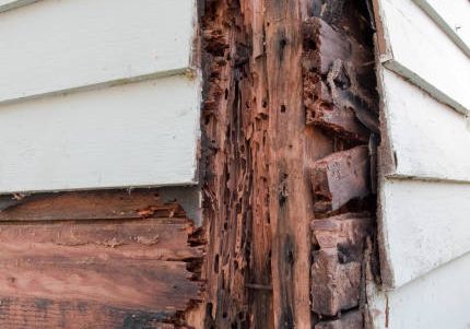Termite and fungus infested wood on the side of a house. Termite and fungus infested wood on the side of a house.